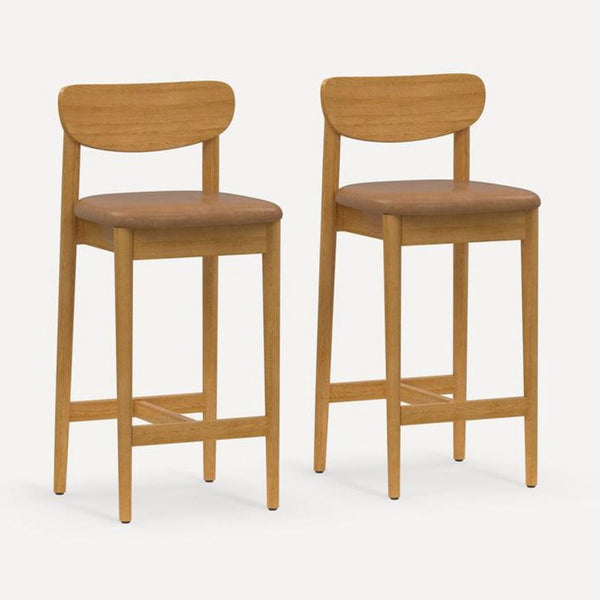Pair of Burrow stools with hardwood frames and upholstered seats, shown in a light wood finish.  