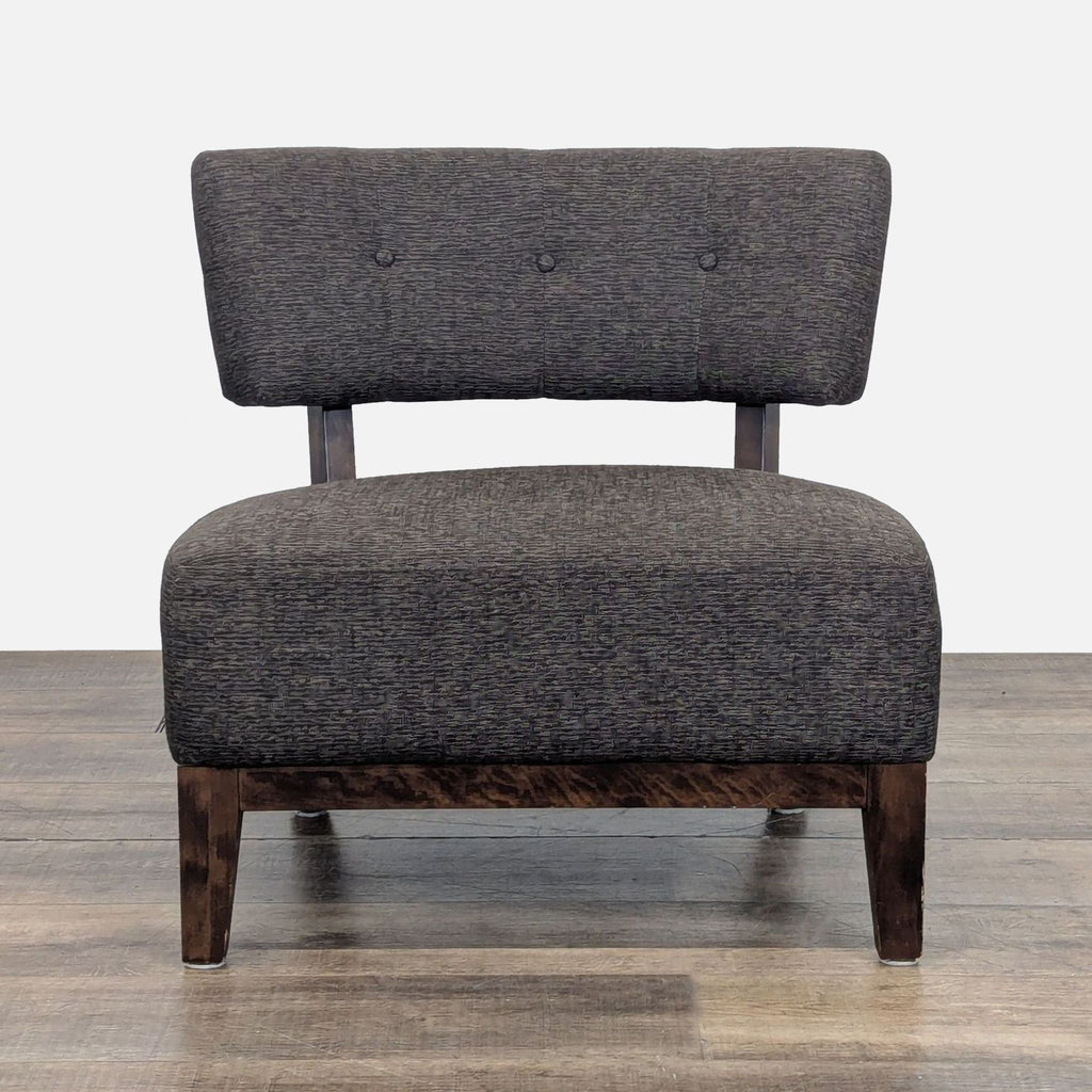 1. Front view of a Reperch lounge slipper chair with wood legs and button-tufted upholstered seat and back.