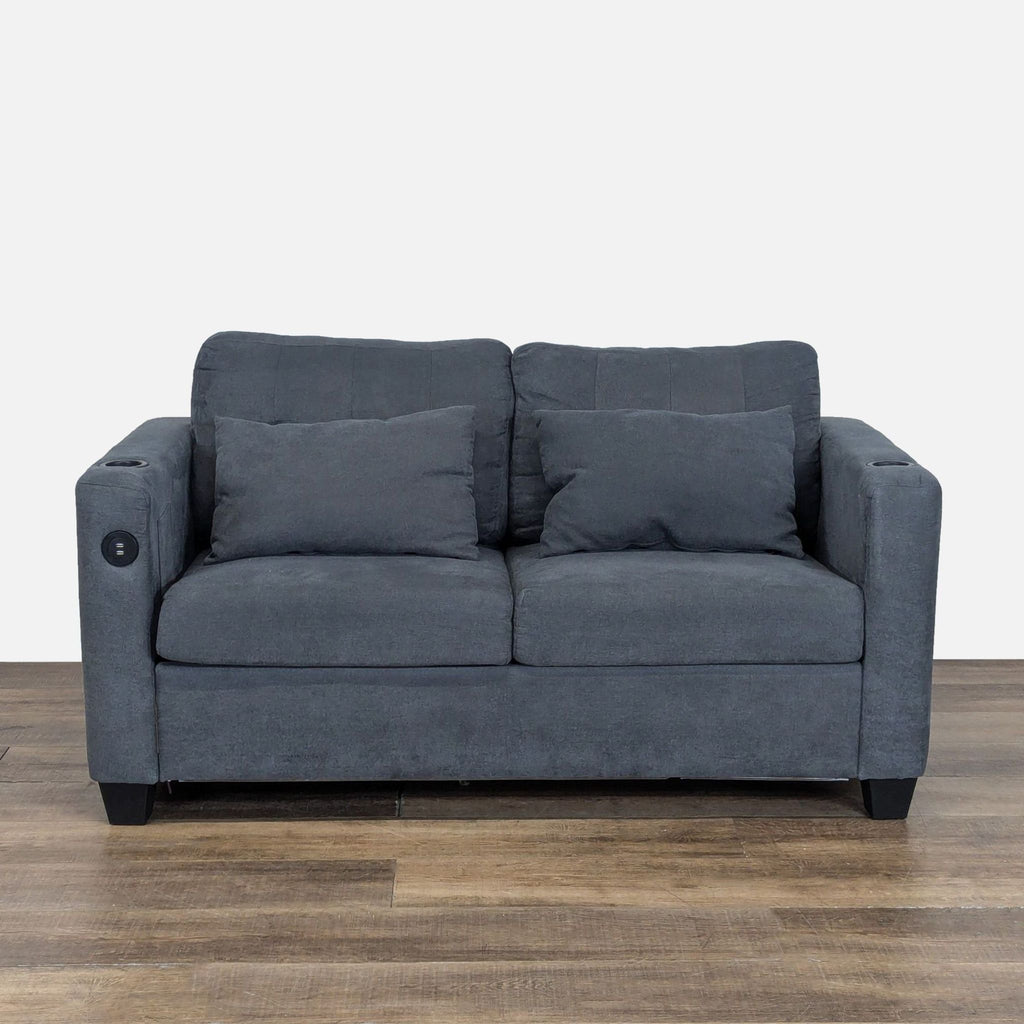 1. Wade Logan sleeper sofa with USB ports, cup holders, plush cushions, and removable, washable covers.  