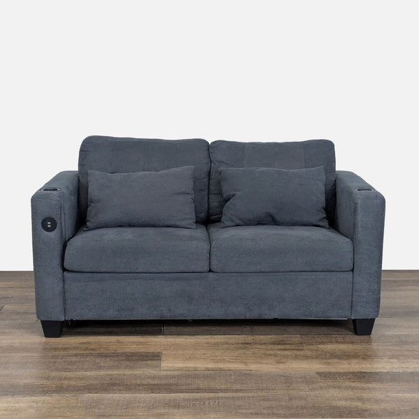 1. Wade Logan sleeper sofa with USB ports, cup holders, plush cushions, and removable, washable covers.  