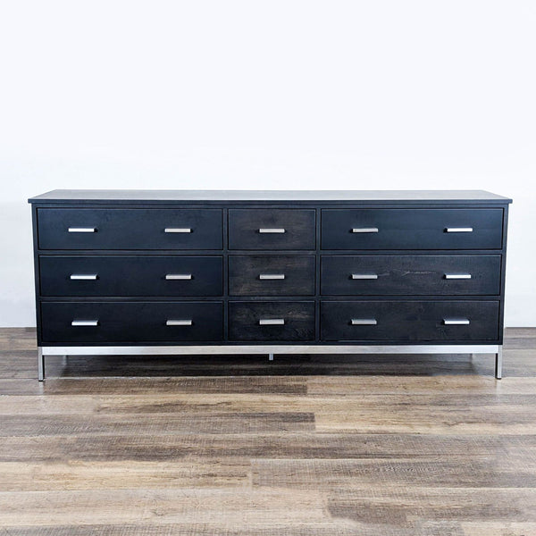 1. Room and Board charcoal-stained soft maple dresser with metal base and drawer pulls, closed drawers, modern look.