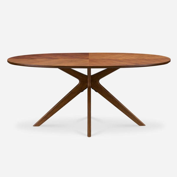 1. Oval dining table by Castlery, walnut veneer top, engineered wood, rubberwood base, modern sculpted legs.
