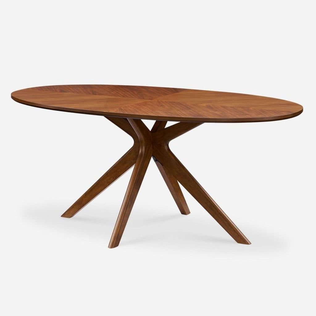 2. Castlery dining table with walnut finish, engineered wood tabletop, and angled rubberwood frame, elegant style.