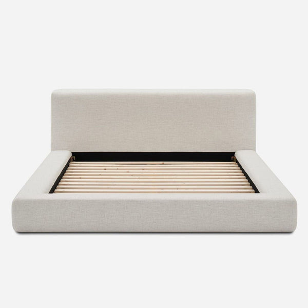 1. Front view of a king size padded bed frame and headboard in Beach Linen by Castlery, showing wooden slats.