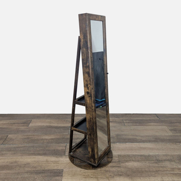 1. Side angle of a rustic Ameziel swivel jewelry armoire with mirror and open shelving, category Other.  