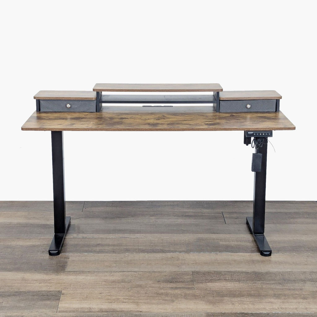 Programmable desk by Bestqi Innovation with rustic wood top, black metal base, shelf, and storage drawers.
