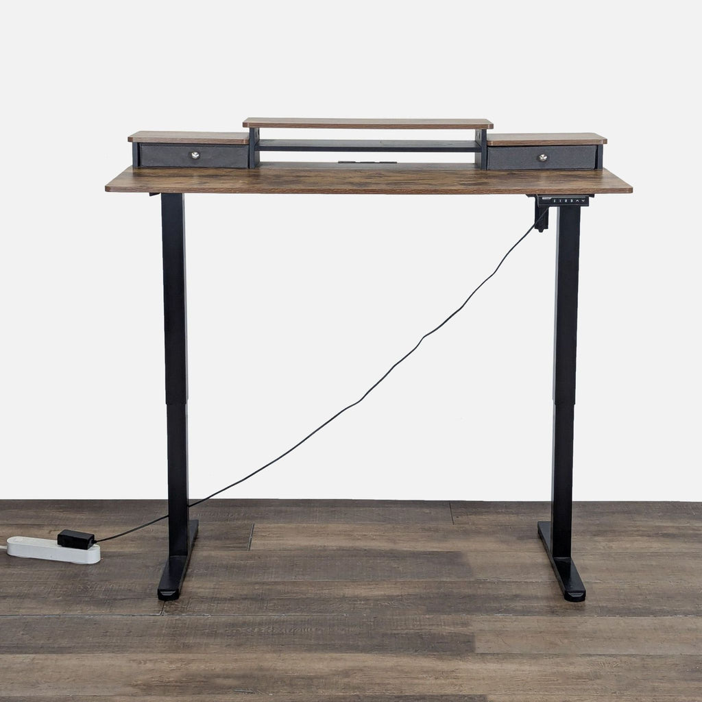Height-adjustable desk from Bestqi Innovation, featuring a rustic wood finish, black legs, shelf, and drawers.