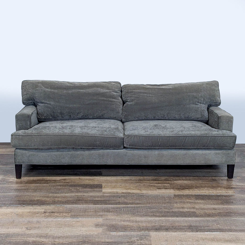 Front view of a Room and Board 3-seat sofa with square arms and textured chenille upholstery.  