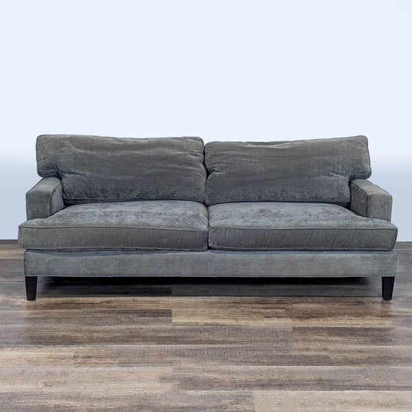 Front view of a Room and Board 3-seat sofa with square arms and textured chenille upholstery.  