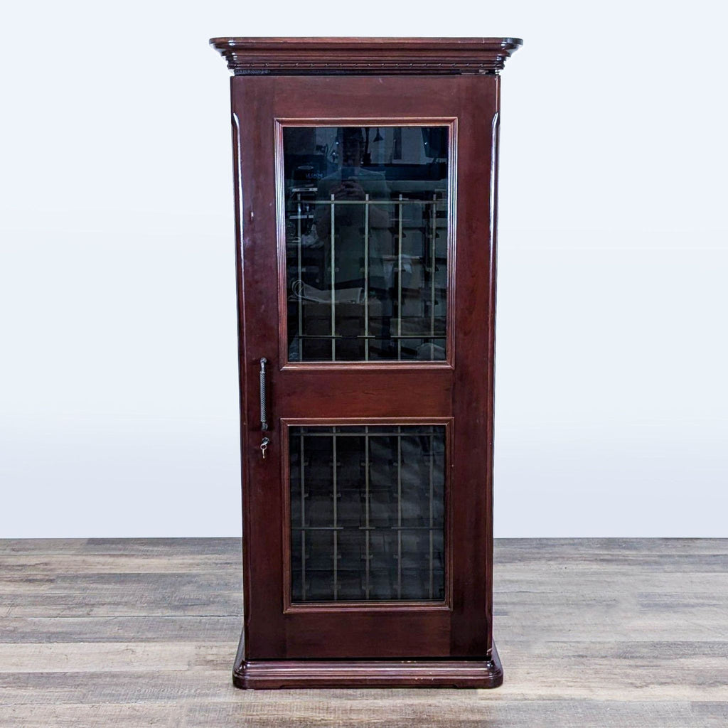 1. Le Cache wooden wine refrigerator with cherry oak finish, glass door, and 188-bottle rack storage.