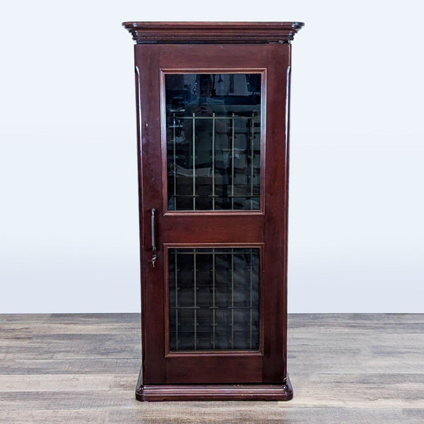 1. Le Cache wooden wine refrigerator with cherry oak finish, glass door, and 188-bottle rack storage.