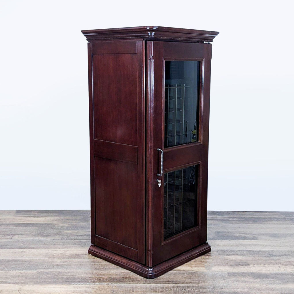 3. Angled view of Le Cache cherry oak wine refrigerator, featuring glass door and elegant wooden craftsmanship.