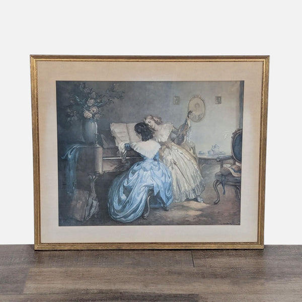 1. Framed print of "Girls at Piano, The Rehearsal" by Lajos Jambor featuring two women at a piano.