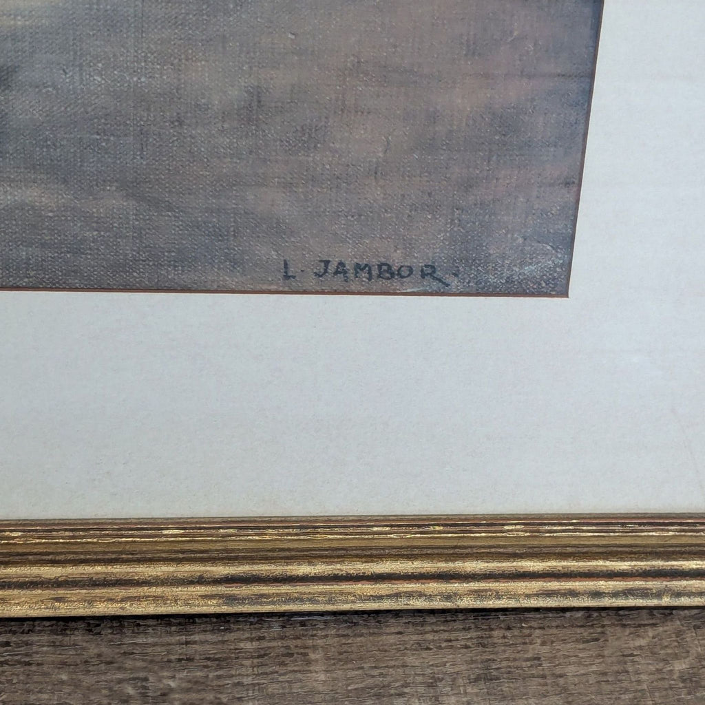2. Close-up of the artist Lajos Jambor’s signature on the print’s lower corner with frame detail.