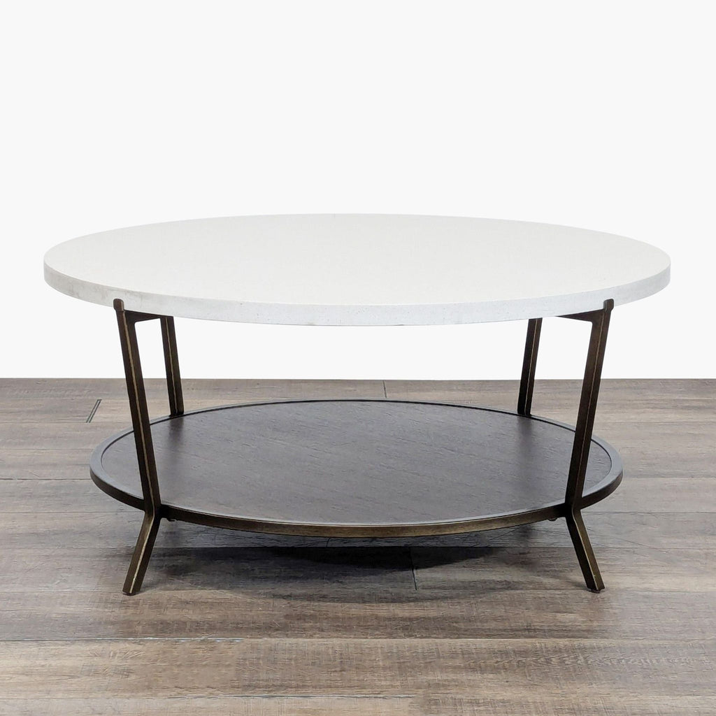 1. Round coffee table with white stone top, metal frame, and brown wood shelf by Universal Furniture.  