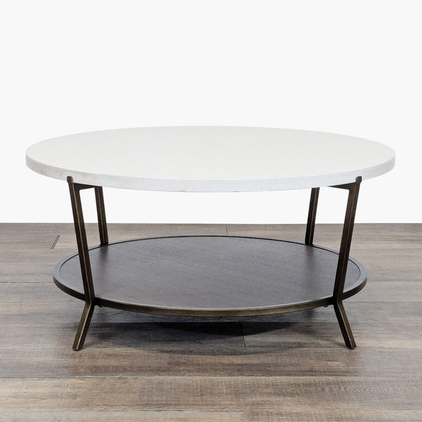 1. Round coffee table with white stone top, metal frame, and brown wood shelf by Universal Furniture.  