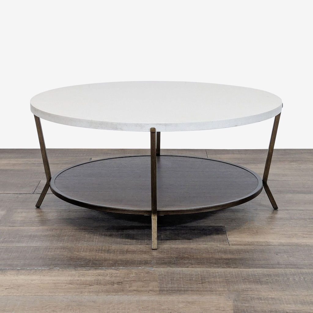 2. Universal Furniture coffee table featuring a stone top, metal legs, and lower wood shelf in Brown Eyed Girl finish.  