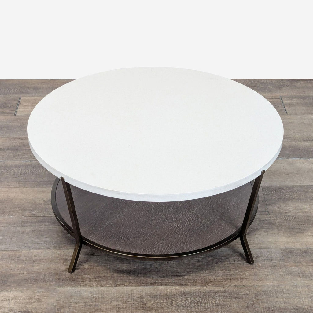 3. Modern round coffee table with a sleek stone surface and wooden lower display shelf, Universal Furniture brand.