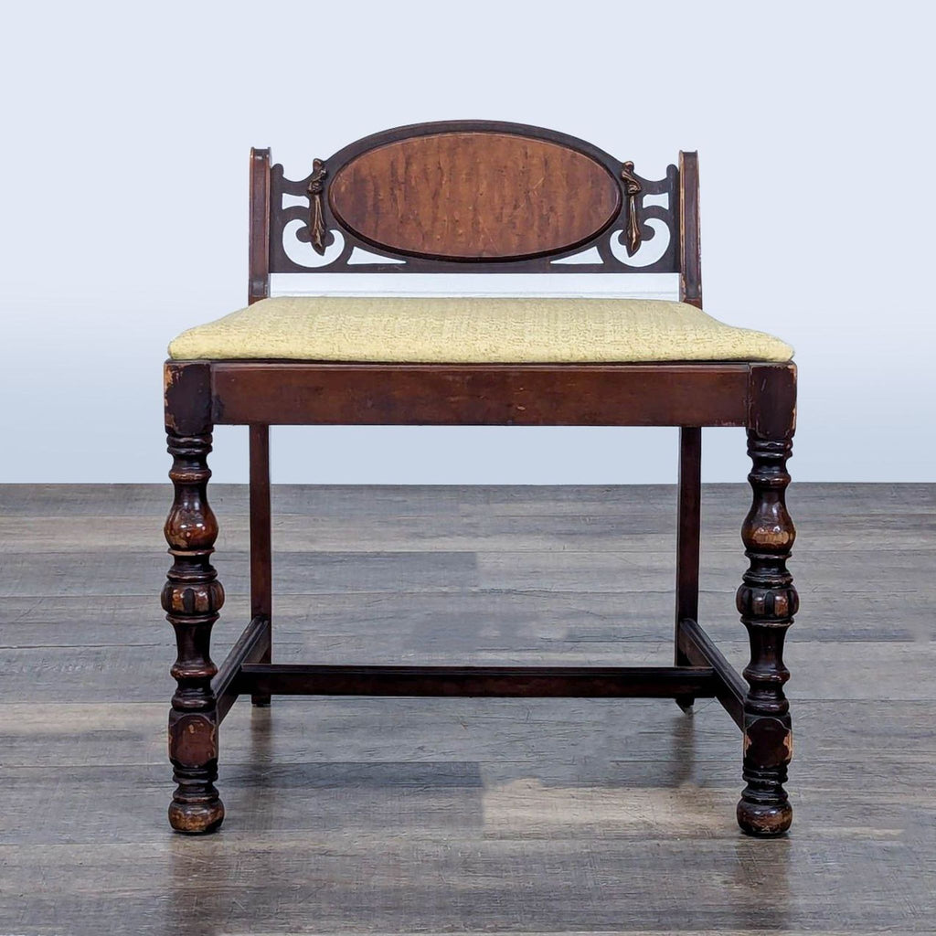 1. Antique-style Reperch wooden bench with ornate backrest and turned legs, padded with a beige cushion.