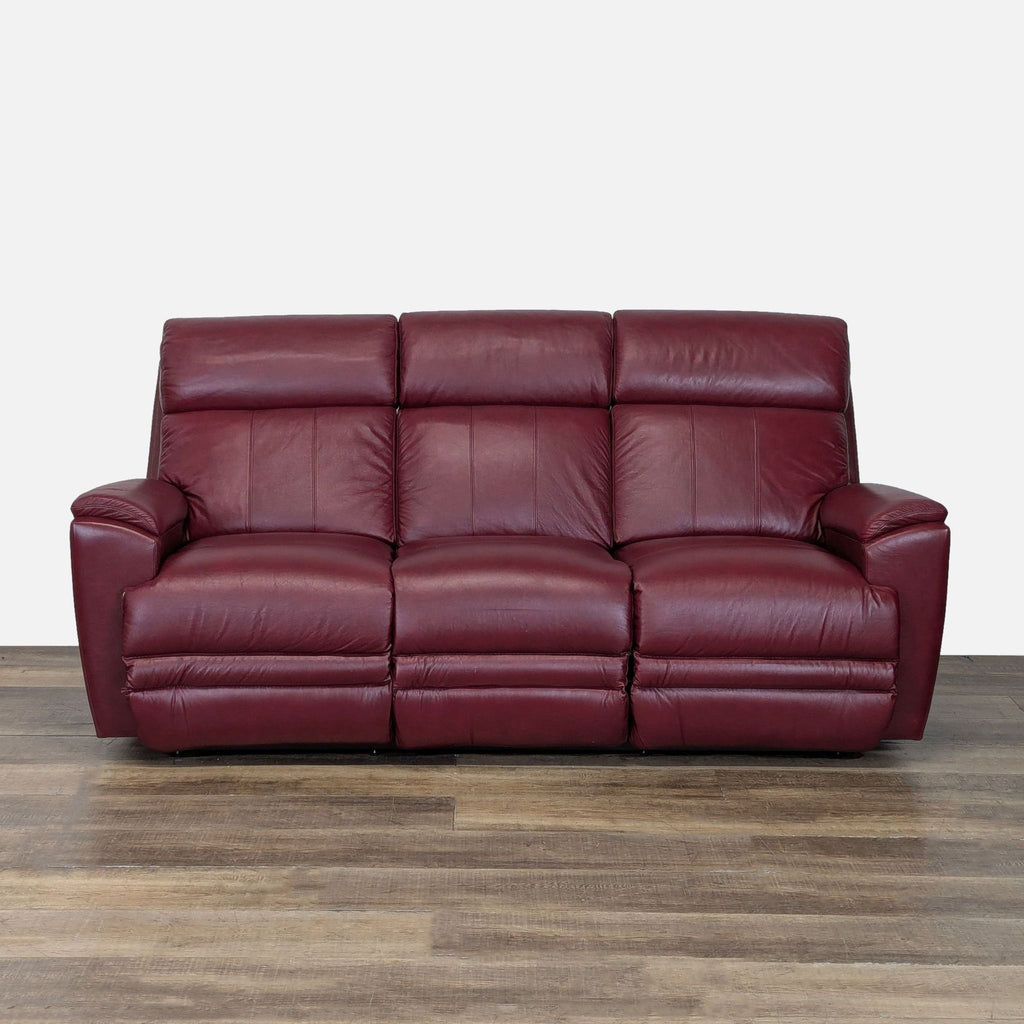 1. Maroon leather 3-seat La-Z-Boy sofa with plush cushions and power recline, shown on wooden floor.