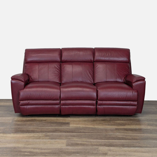 1. Maroon leather 3-seat La-Z-Boy sofa with plush cushions and power recline, shown on wooden floor.