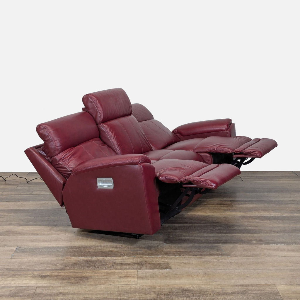 2. La-Z-Boy 3-seat maroon leather recliner sofa with extended footrests and visible power controls.