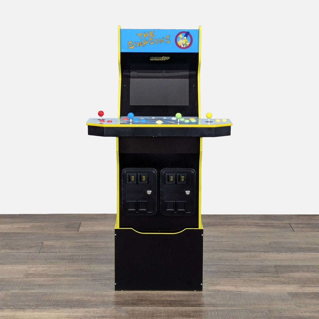 Front view of an Arcade1Up The Simpsons arcade cabinet with four joysticks and classic arcade controls.