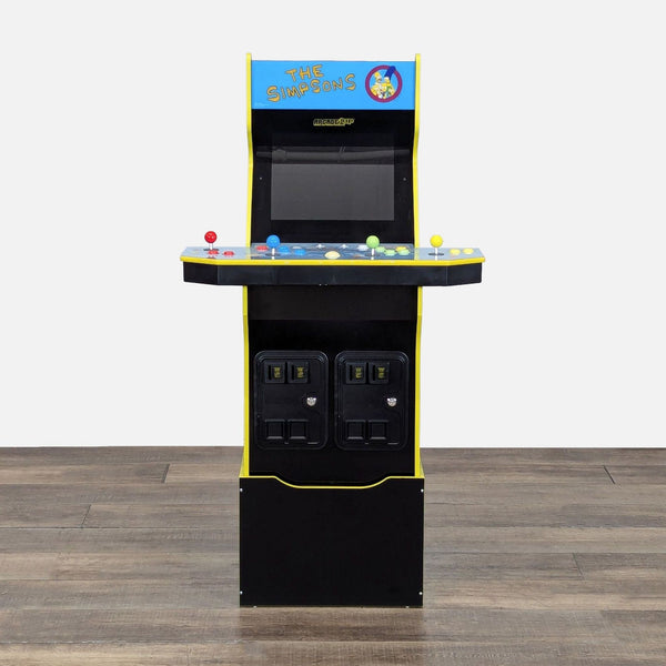 Front view of an Arcade1Up The Simpsons arcade cabinet with four joysticks and classic arcade controls.