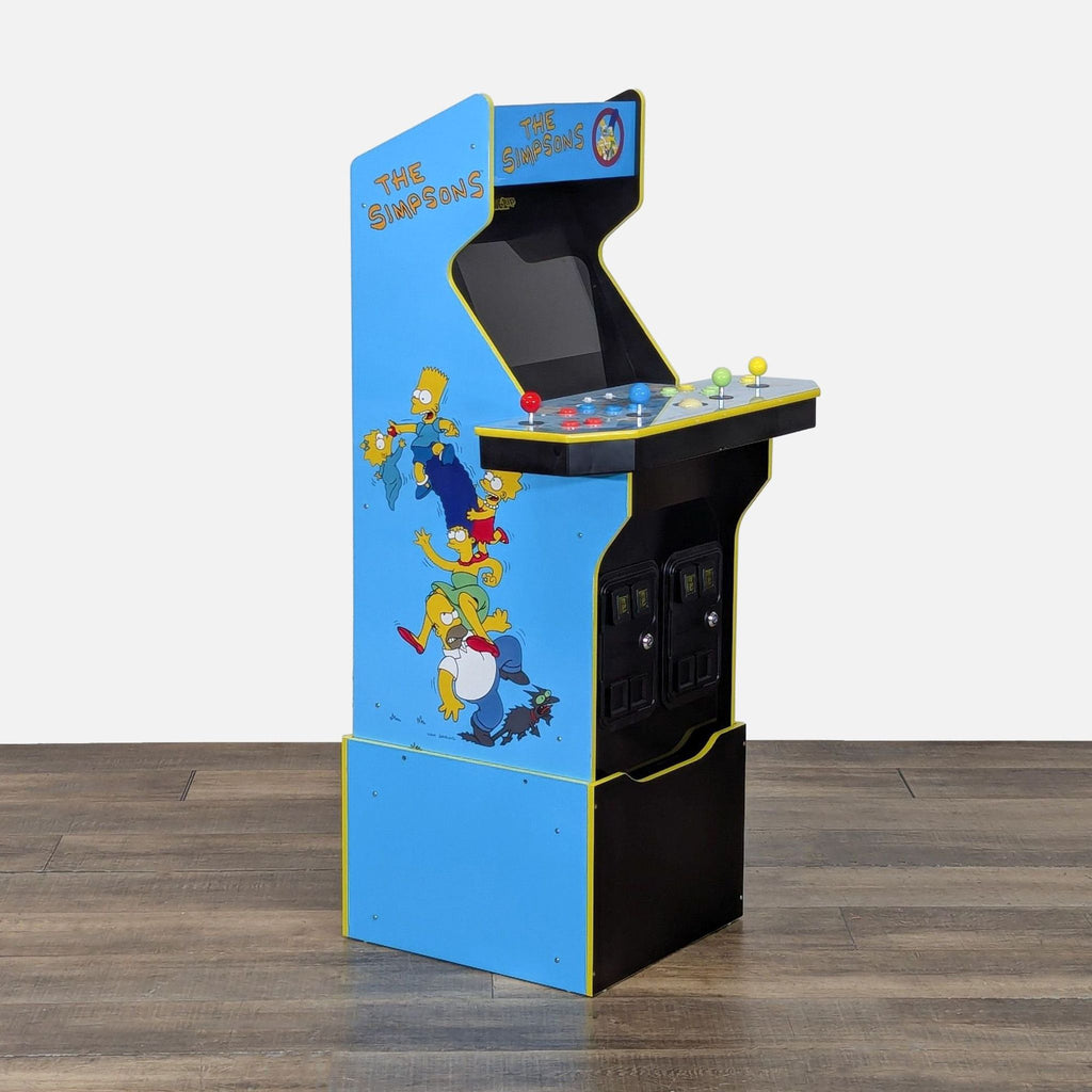Side view of Arcade1Up The Simpsons gaming cabinet showing colorful Simpsons artwork and multiple controls.