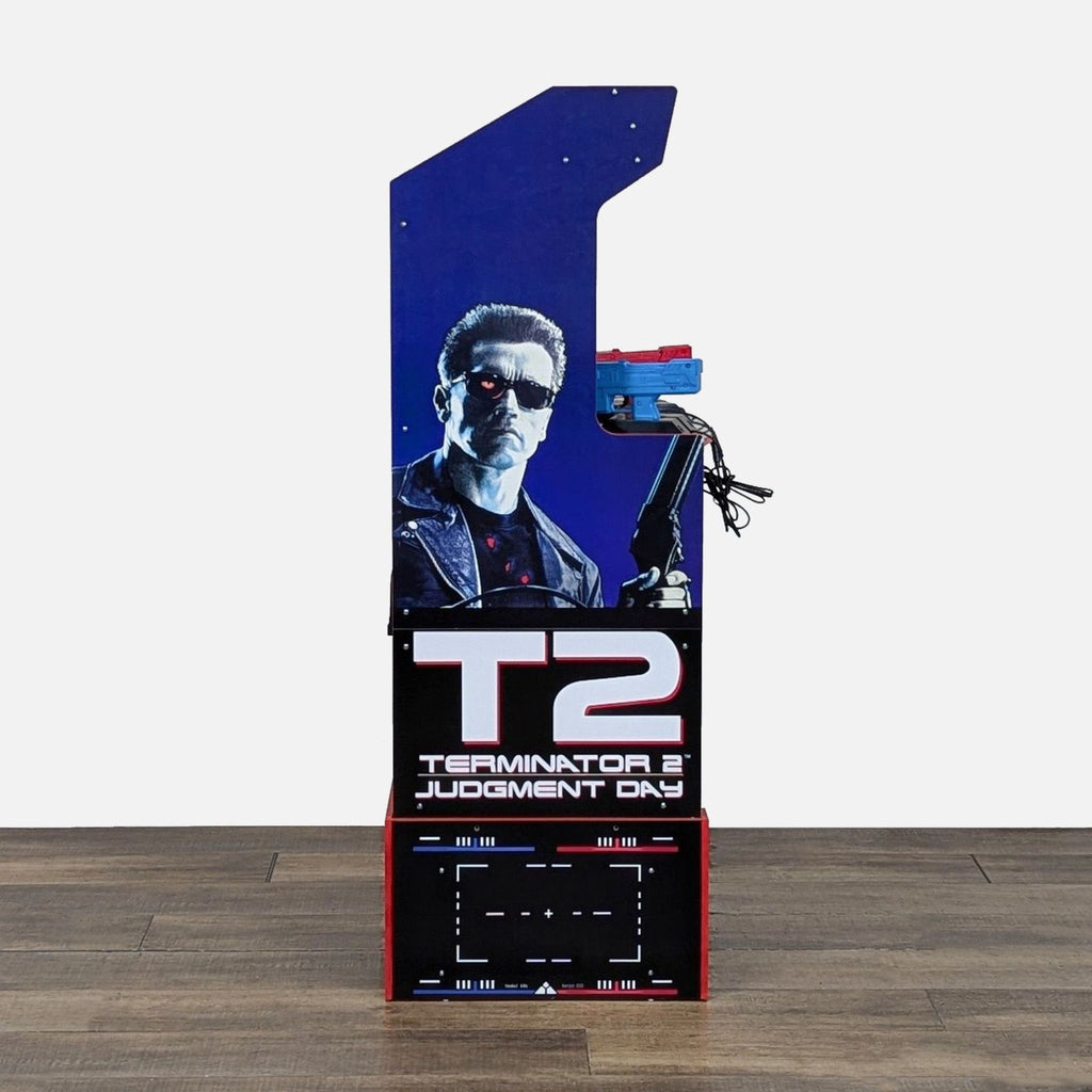 3. Side view of Arcade1Up T2 arcade machine with Terminator artwork, gaming category, and visible light guns.