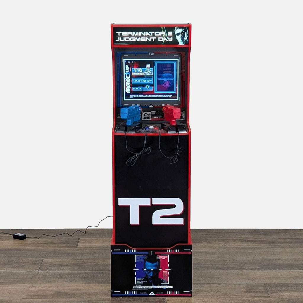 1. Arcade1Up Terminator 2: Judgment Day arcade cabinet with T2 branding and dual light guns, ideal for gaming rooms.  