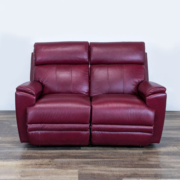 1. Maroon leather La-Z-Boy loveseat with plush cushions, power recline, and lumbar support, front view.