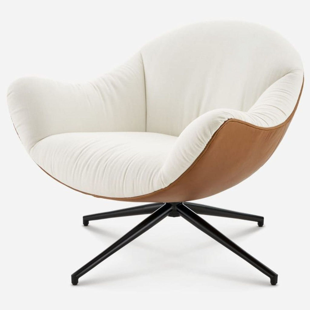 1. Arden Swivel Armchair by Reperch, in cream and tan, features plush upholstery and a 360° swivel metal base.