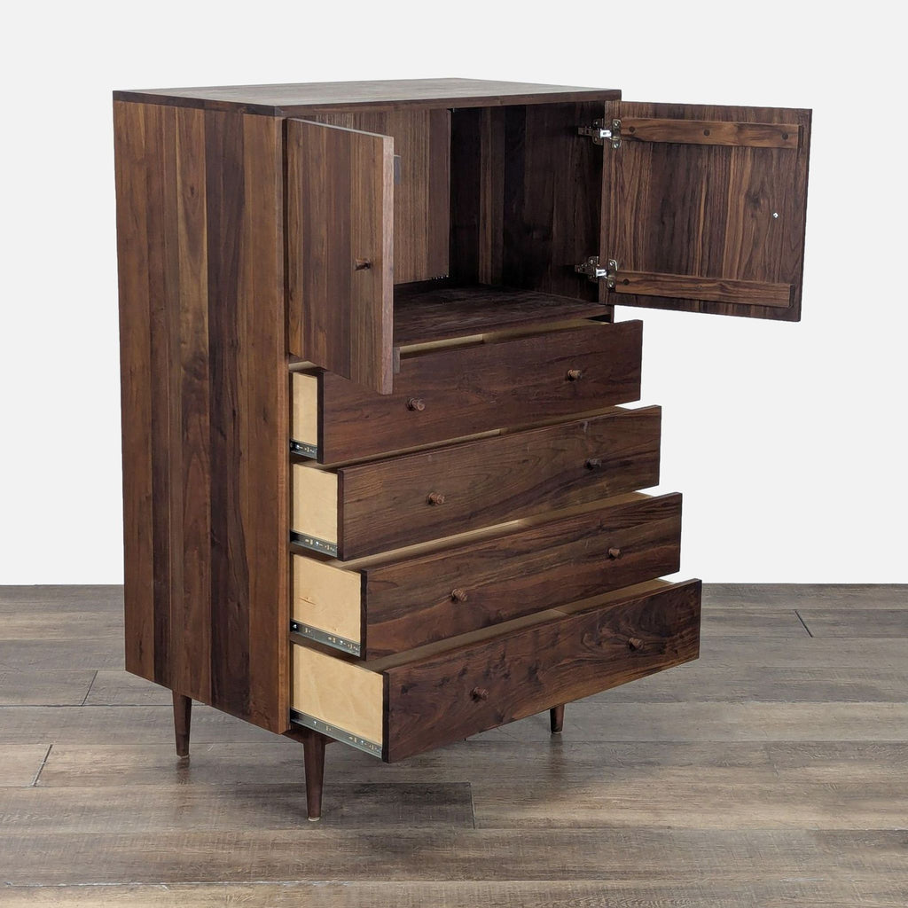 Walnut dresser by Room and Board with four open drawers, metal glides, and open upper cabinet, dovetail joinery shown.
