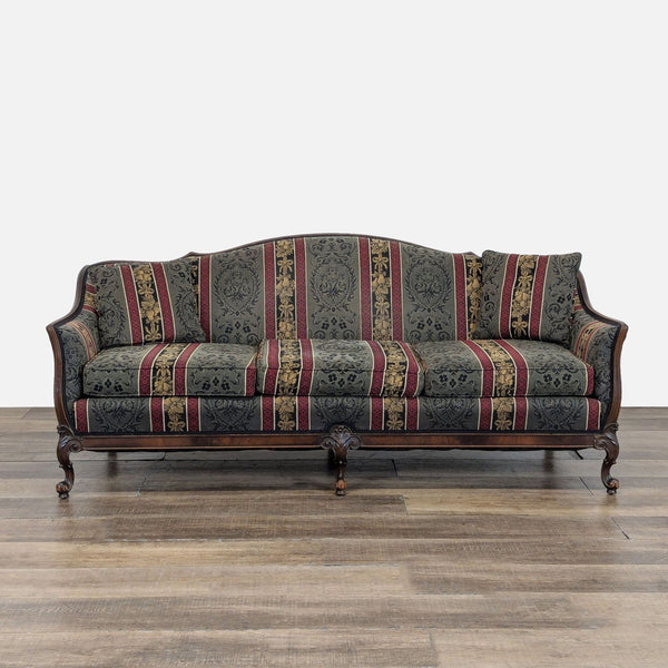 1. Reperch 3-seat sofa with carved wood frame, scrolled legs, and striped embossed upholstery in a classic style.