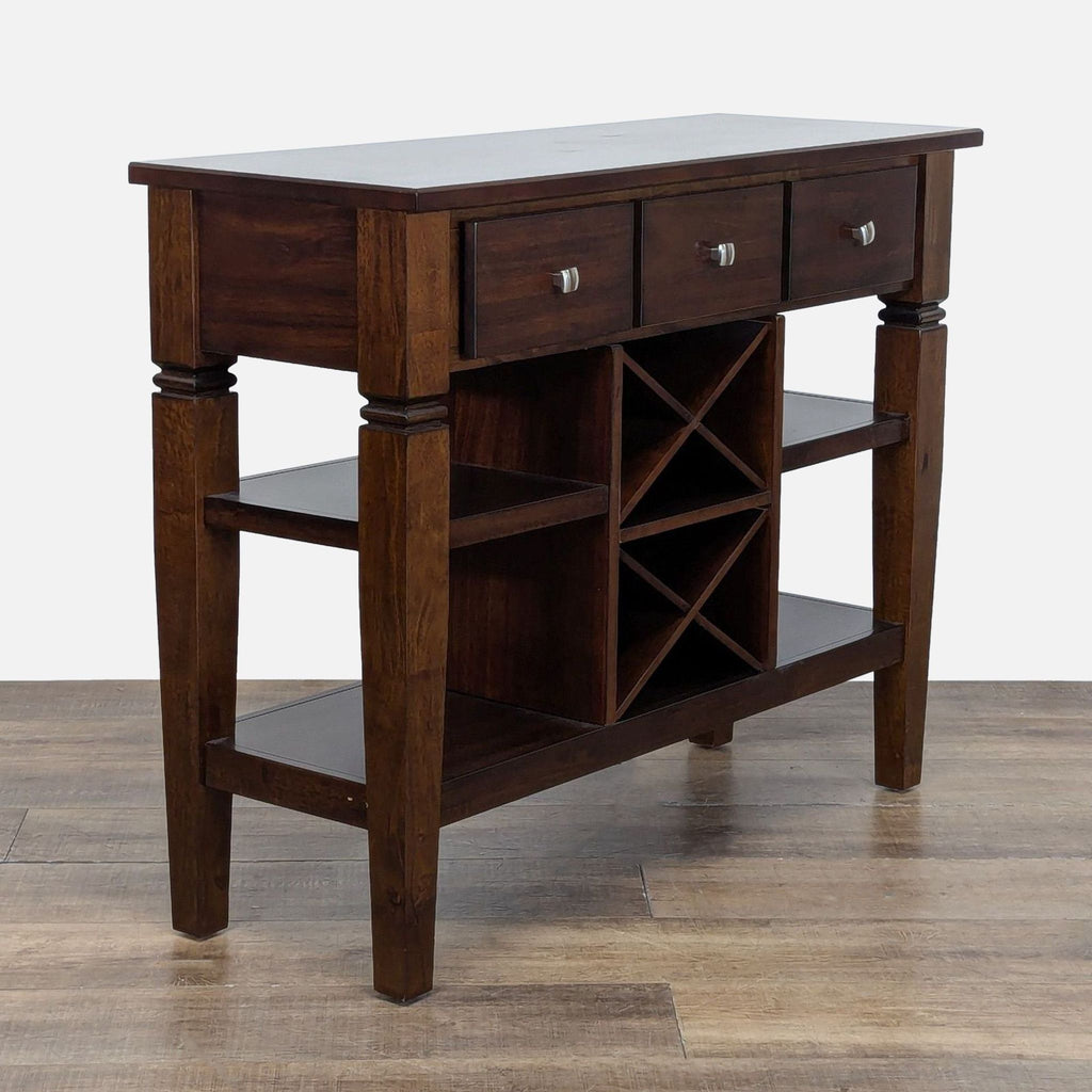 3. Rooms To Go sideboard in dark wood shown from a side angle, featuring open shelves and central wine racks.