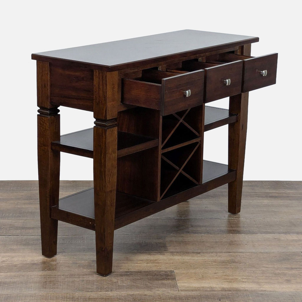 2. Three-drawer sideboard by Rooms To Go, angled view with drawers open and wine racks visible in center.