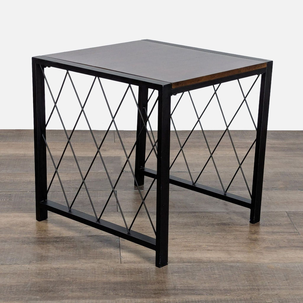 1. Ashley Furniture end table with a dark wood top and black metal frame featuring crisscross side design.  