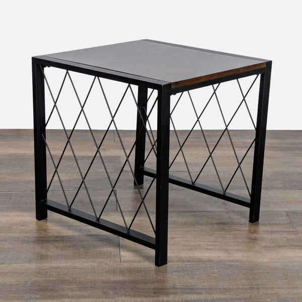 1. Ashley Furniture end table with a dark wood top and black metal frame featuring crisscross side design.  