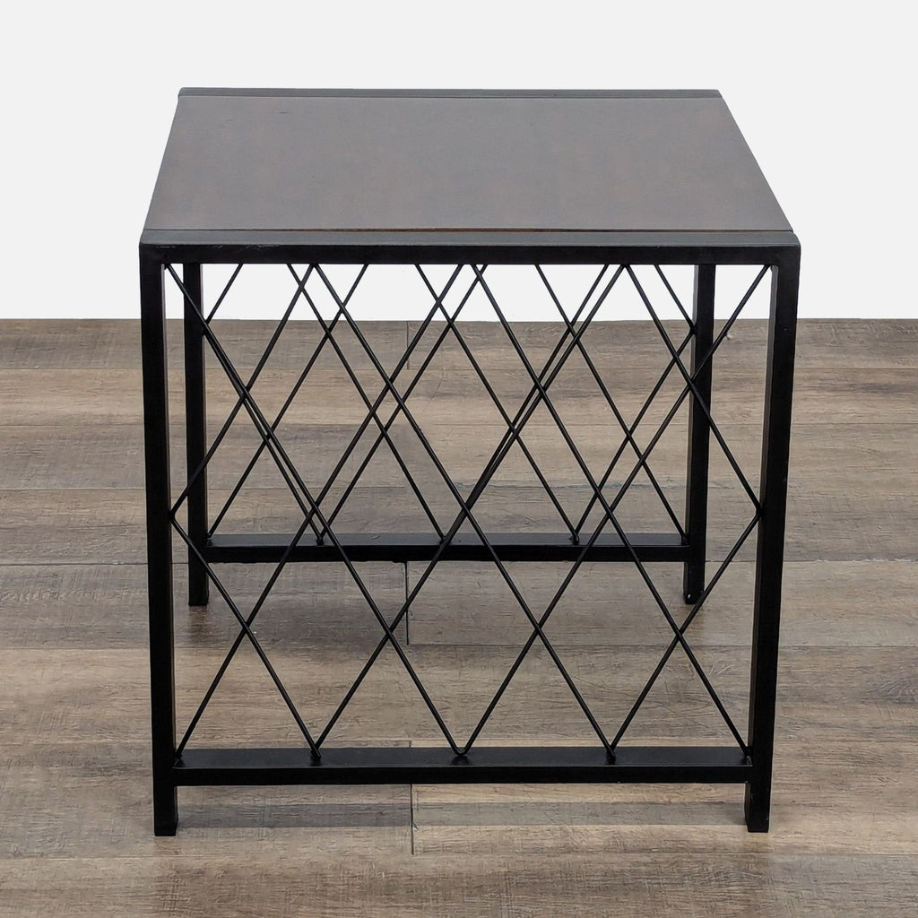 3. Ashley Furniture end table, metal frame with diamond lattice sides and smooth dark wood tabletop, industrial look.