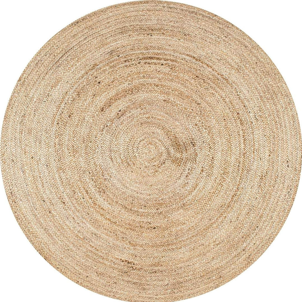 Round Safavieh rug crafted from hand-woven natural jute fibers with a richly textured, plant-based design.