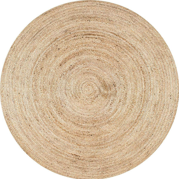 Round Safavieh rug crafted from hand-woven natural jute fibers with a richly textured, plant-based design.
