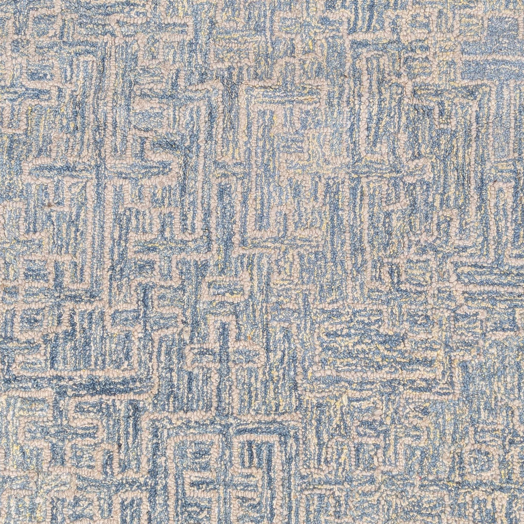 2. Close-up of the Crate & Barrel rug showing its intricate blue maze pattern and plush wool-viscose texture.  