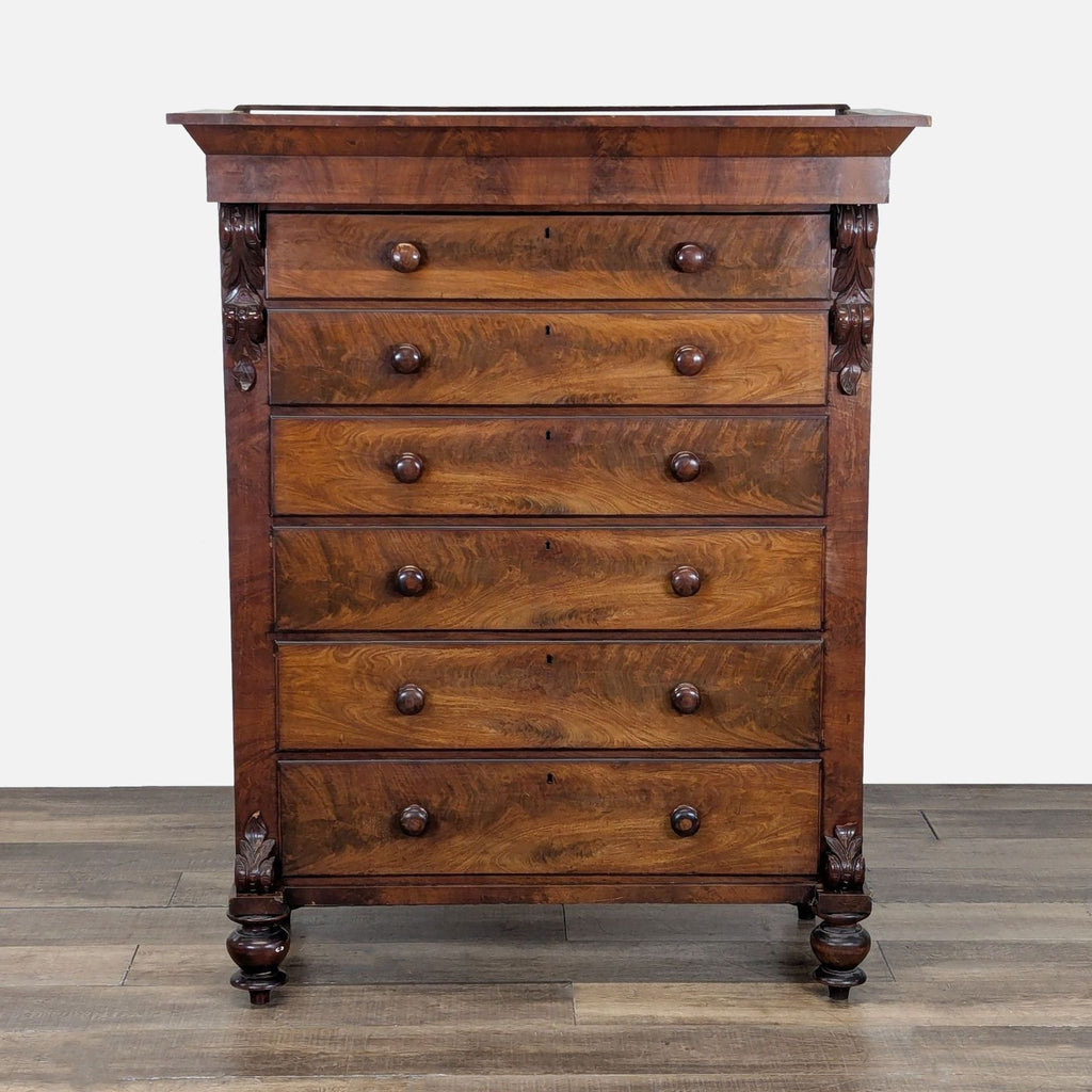 1. Reperch dresser with 6 dovetail-jointed drawers and wood turned knobs in warm, rich wood finish.  