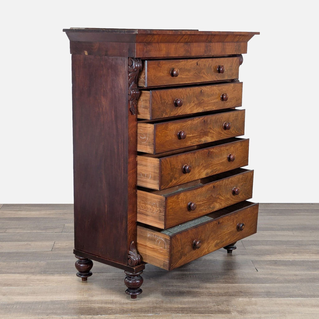 2. Side view of Reperch dresser, showing all six dovetail drawers with matching wood knobs, some open.  