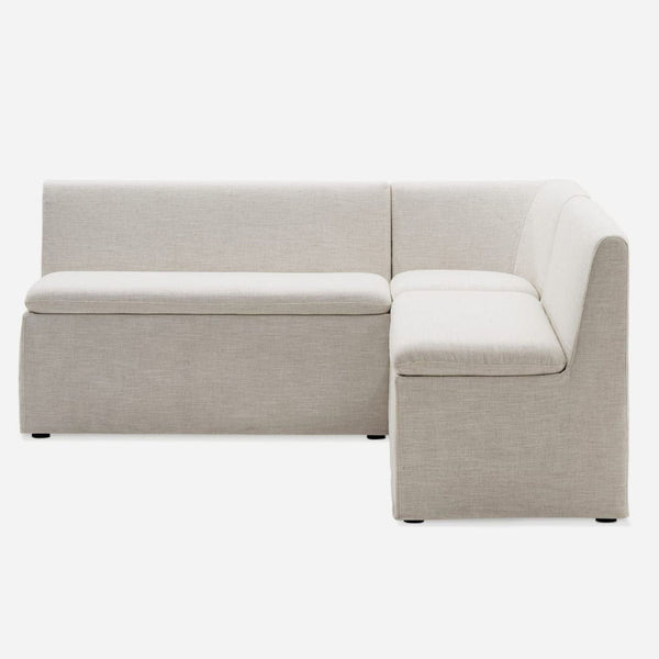 1. Castlery modern sectional with beige linen slipcovers, L-shaped with clean lines and minimalist style.  