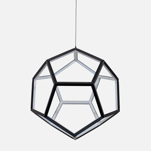 1. Modern geometric pendant light by ET2, featuring steel and acrylic, with a black polygonal frame, dimmable.  