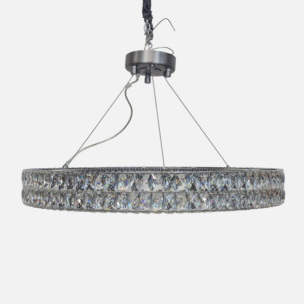 1. Circular crystal and metal ceiling light by Reperch with adjustable cables, modern and elegant lighting fixture.