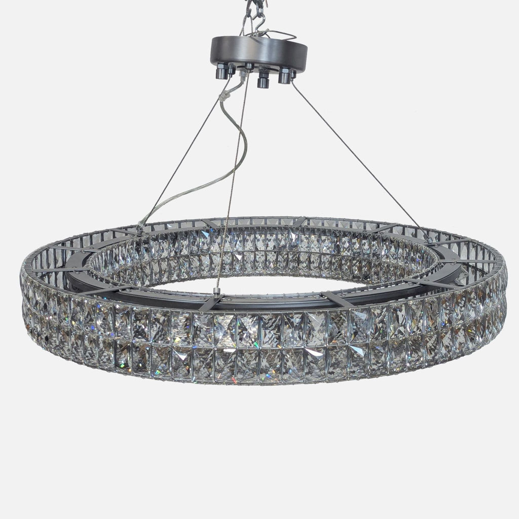3. Wide view of Reperch circular crystal ceiling light, featuring two rows of crystals and adjustable hanging cables.