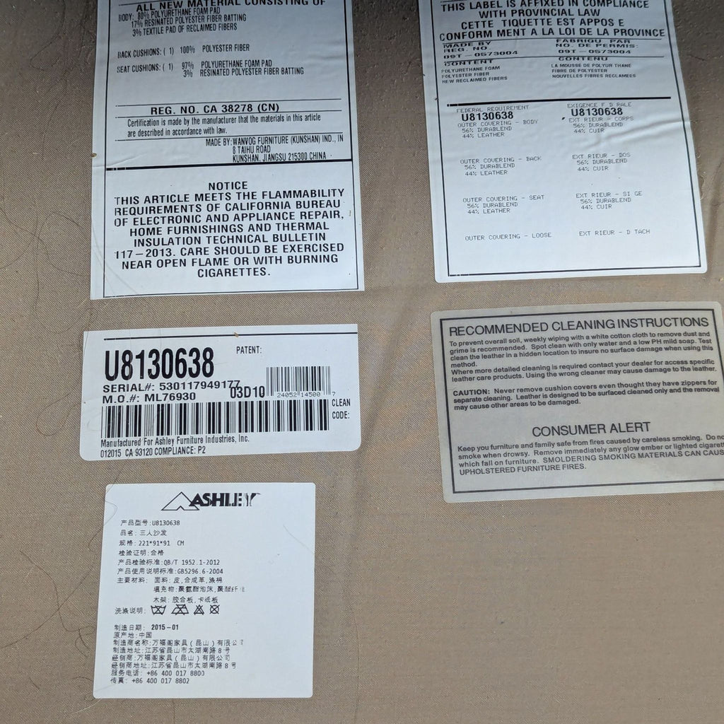 Product label of Ashley Furniture 3-seat sofa, featuring care instructions and material information in multiple languages.